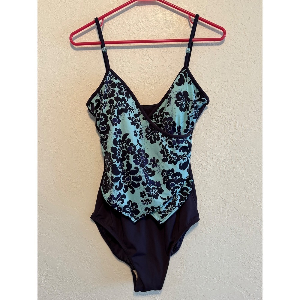It Figures Tummy Thinner Floral Wrap One Piece Swimsuit Navy Turquoise 14